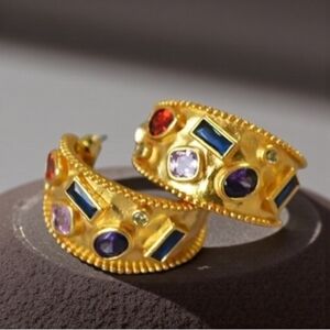 18k Triple Gold Plated Crystal Byzantine Revival Chunky Hammered Hoop Earrings